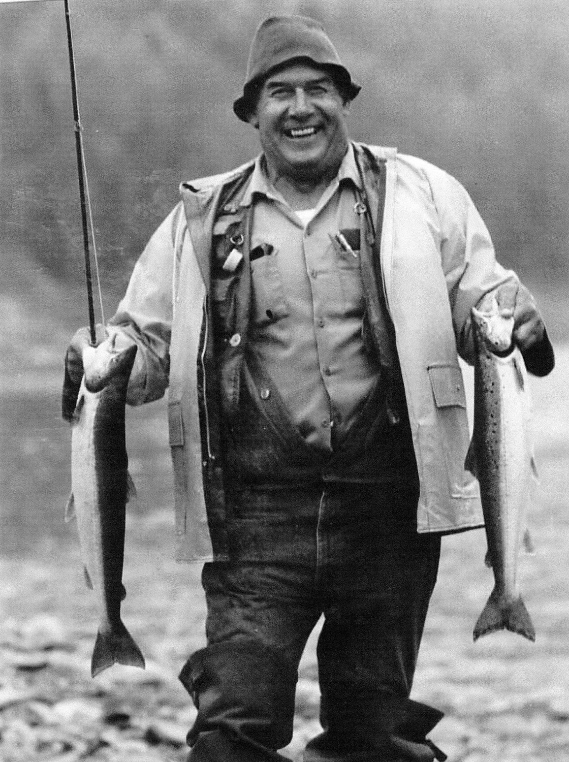 Biologist William Kelly (Catskill Bill) with two beautiful Neversink landlocked salmon; photo likely taken in 1981 or '82.